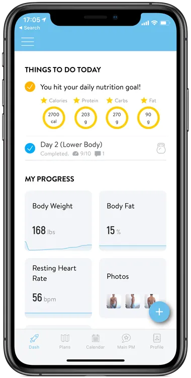 Rise Train app dashboard showing nutrition goals and progress